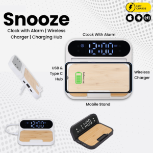 Snooze-CLOCK WITH ALARM WIRELESS CHARGER CHARGING HUB
